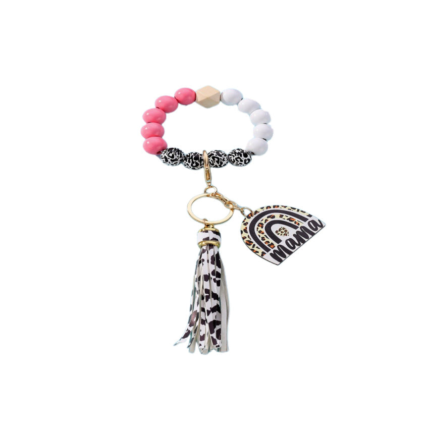 Wholesale Rainbow Mama Tassel Leopard Print Silicone Beaded Wrist Keychain